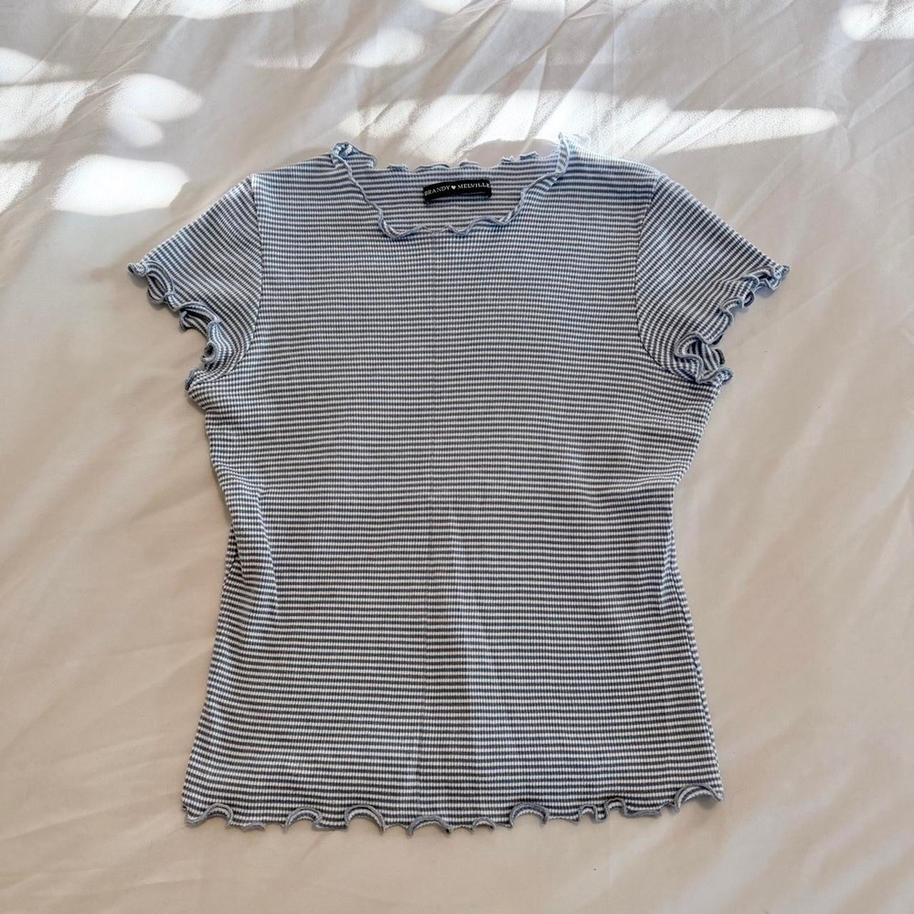 Brandy Melville Striped Lettuce Trim Baby Tee Light Blue White 90s Y2K Top